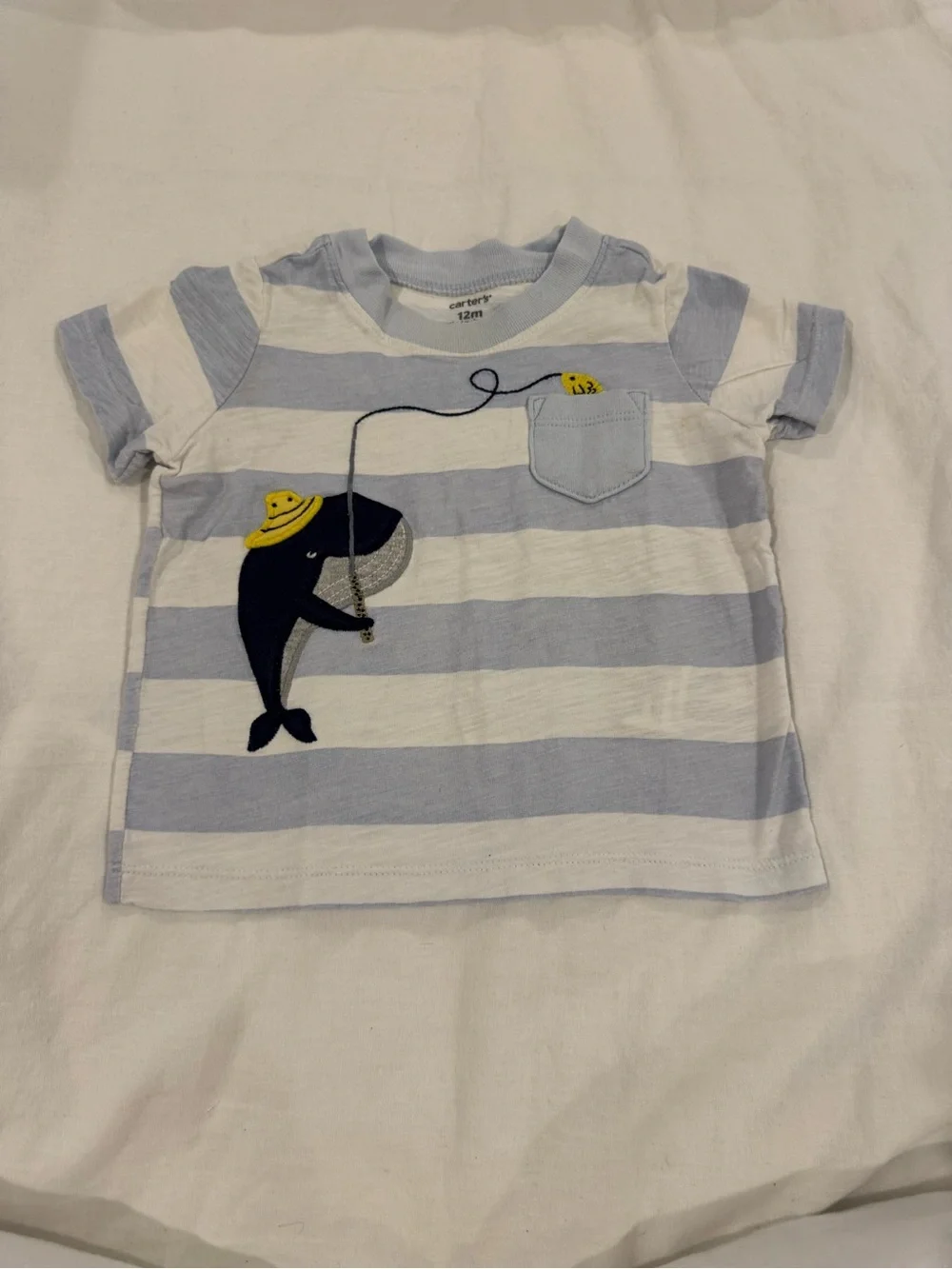 Carter's Light Blue & White Striped Whale Pocket Tee with Yellow Hat Detail